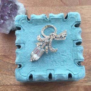 Blue jeweled silver brooch pin vintage